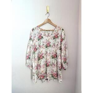 Dolma India Womens Floral Long Sleeve V-neck Tunic Top Size L 100% Cotton